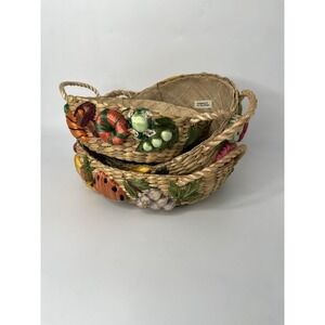 Handmade Floral Raffia Pan Holder Fruit Motif Handmade Colorful Basket Lot Of 3